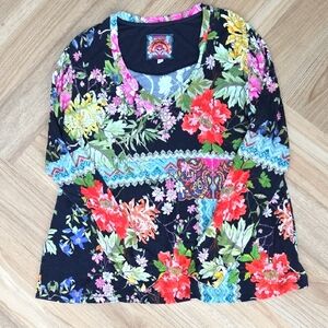JOHNNY WAS Small Long Sleeve Floral Black Women's Top T Shirt